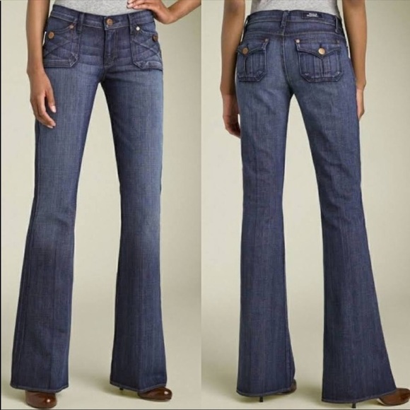 Rock & Republic Denim - Rock & Republic Scorpion Low Mid Rise Flare Jeans Flap Pocket Distressed Long 27